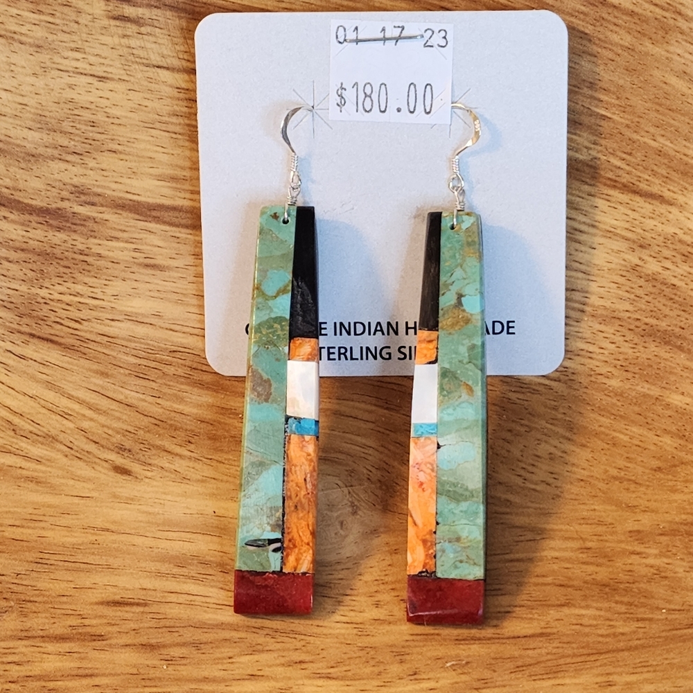 Native American Multi Stone Inlay Drop Earrings - Picture 4 of 15